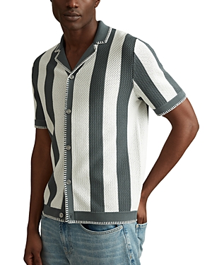 Shop Reiss Naxos Textured Stripe Regular Fit Button Down Camp Shirt In Argento/optic White