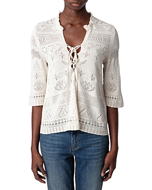 Zadig & Voltaire Taho Lace-up Pointelle Knit Sweater In Ecru