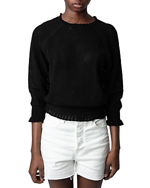Shop Zadig & Voltaire Moria Co Dentelle Open Knit Ruffled Edge Sweater In Noir