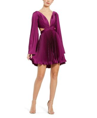 open lace back dress Orange Pleated Long Sleeve V-Neck Gown