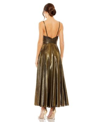 Sleeveless V Neck Pleated Top Metallic Dress