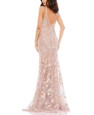 Floral Embellished Sleeveless Plunge Neck Gown