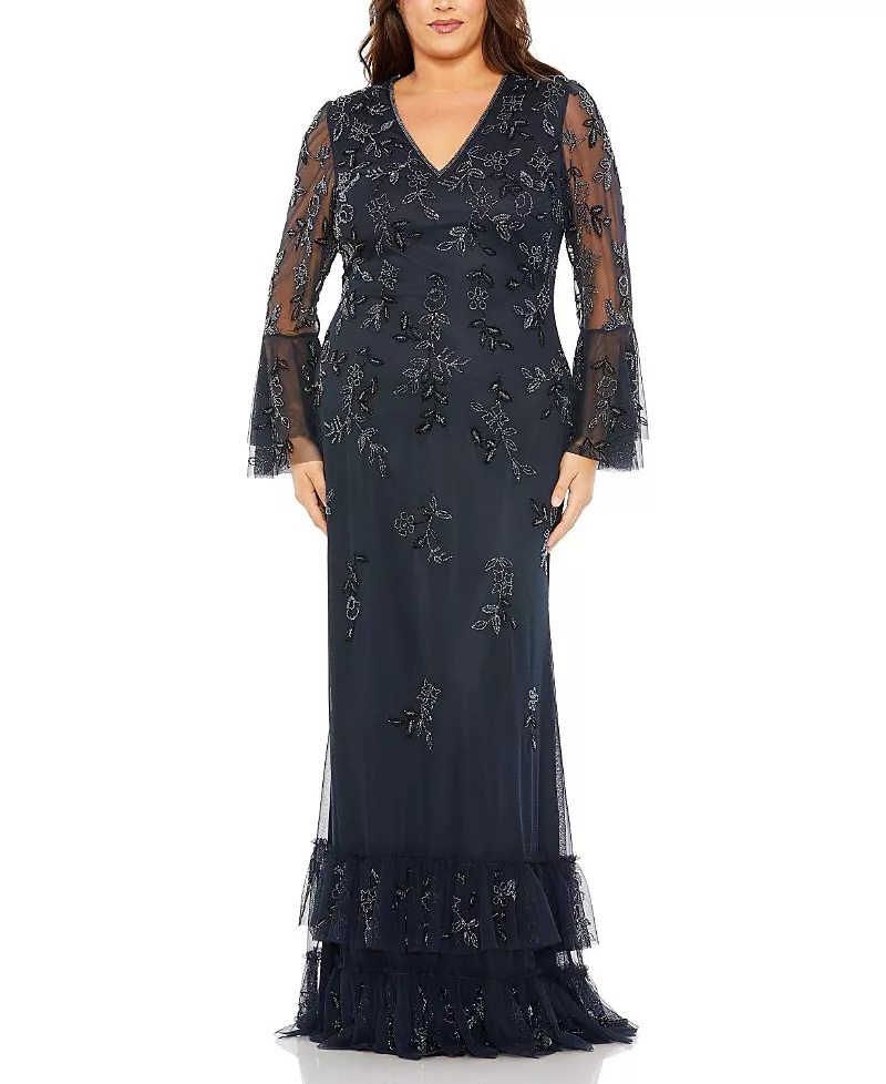 Mac Duggal Plus V Neck Embellished Flutter Tiered Long Sleeve Gown