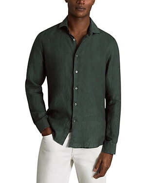 Reiss Dark Green Ruban Linen Button-through Shirt In Dark Green