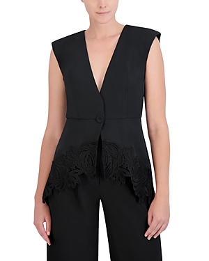 Shop Bcbgmaxazria Floral Trim One Button Vest In Black