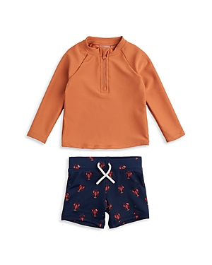 Firsts By Petit Lem Boys' Long Sleeve Top & Lobster Print Shorts Rashguard Swim Set - Baby In Orange