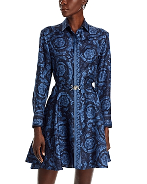 Shop Versace Silk Barocco Print Shirt Dress In Navy Blue