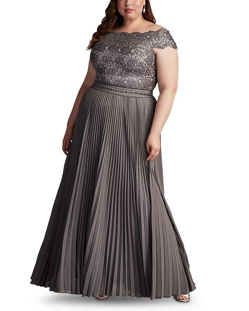 Tadashi Shoji Plus Size Off-shoulder Pleated Sequin Lace Gown In Grey