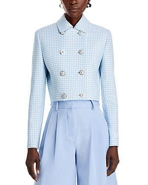Shop Versace Double Breasted Gingham Wool Jacket In Pale Blue + White