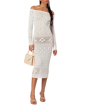 Edikted Lily Crochet Off Shoulder Midi Dress In Cream