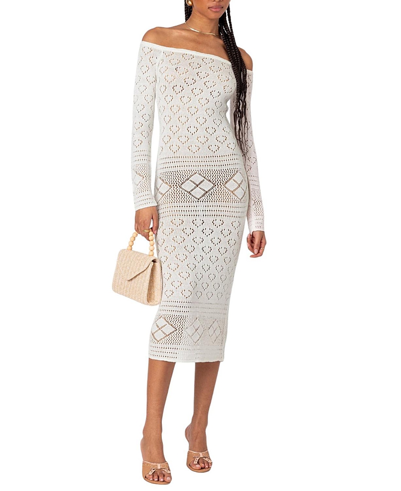 EDIKTED LILY CROCHET OFF SHOULDER MIDI DRESS