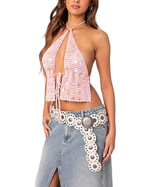 Edikted Sequin Crochet Open Back Top In Pink