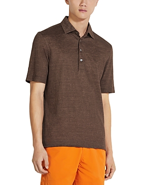 Shop Zegna Linen Polo Shirt In Medium Brown Solid