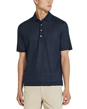 Shop Zegna Linen Polo Shirt In Navy Solid