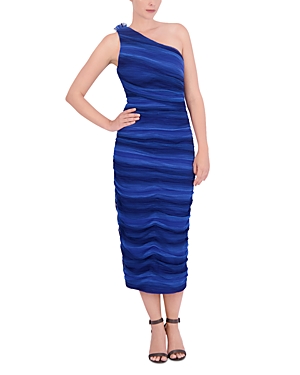 Shop Bcbgmaxazria One Shoulder Midi Dress In Blue Combo