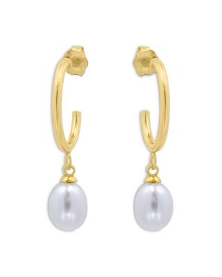 Aqua Cultured Freshwater Pearl Charm Hoop Earrings in 18K Gold Plated Sterling Silver - Exclusive