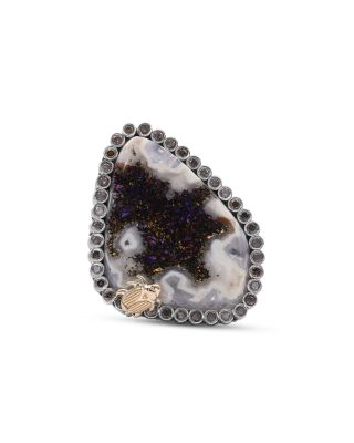 Stephen Dweck - 18K Yellow Gold & Sterling Silver One of a Kind Platinum Valley Druzy & Champagne Diamond Statement Ring
