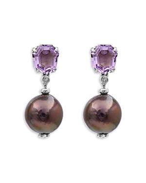 Shop Stephen Dweck Sterling Silver Galactical Amethyst, Peacock Cultured Freshwater Pearl, & Diamond Drop Earrings In Purple