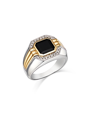 Shop Bloomingdale's Men's Onyx & Diamond Halo Ring In 14k Yellow & White Gold In Black/two-tone