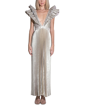 Shop L'idée L'idee Tuileries Metallic Ruffled Gown In Gold Shimmer