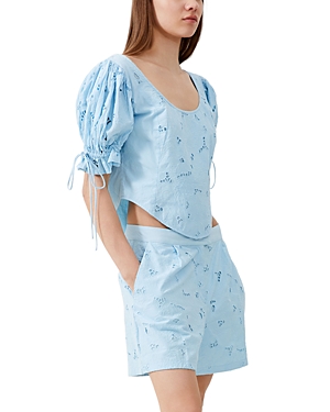 Shop French Connection Rhodes Embroidered Puff Sleeve Top In Cashmere Blue