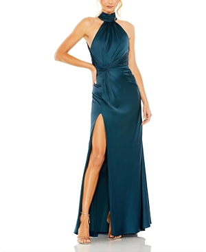 Shop Mac Duggal Open Back High Neck Side Ruched Gown In Ocean