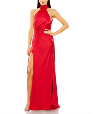 Mac Duggal Open Back High Neck Side Ruched Gown In Red