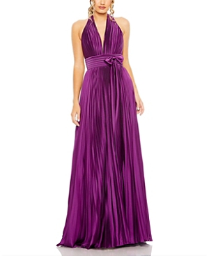 Shop Mac Duggal Center Bow Pleated Halter Neck Gown In Plum