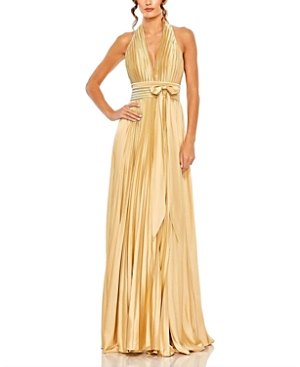 Shop Mac Duggal Center Bow Pleated Halter Neck Gown In Gold