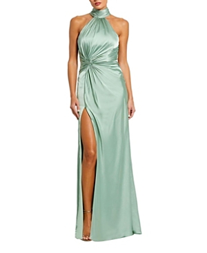 Shop Mac Duggal Open Back High Neck Side Ruched Gown In Sage