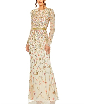 Shop Mac Duggal Long Sleeve Floral Embellished Gown In Nude Multi