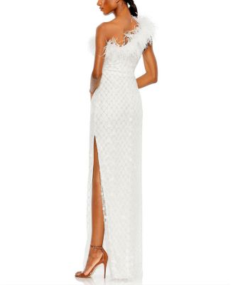 Embellished One Shoulder Feathered Gown