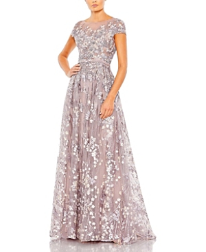 Shop Mac Duggal Embellished Floral Cap Sleeve A Line Gown In Lilac