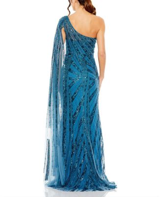 One Shoulder Cape Sleeve Embellished Gown