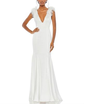 Mac Duggal - Feather Shoulder V-Neck Column Gown