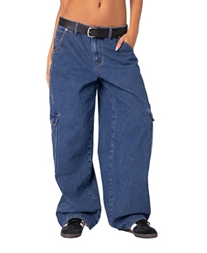 Shop Edikted Super Oversized Belted Boyfriend Jeans In Blue Washed