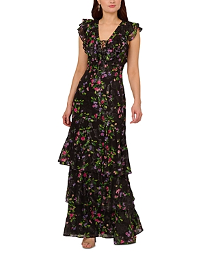 tiered floral lace printed chiffon dress Stacees 2026 Floral Print Ruffle Prom Dress with Strapless Lace Corset