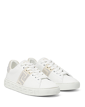 Shop Versace Women's Embellished Lace Up Sneakers In White/ivory