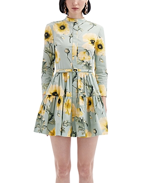 Shop Oscar De La Renta Floral Print Mini Dress In Sage/yellow