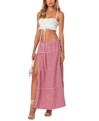 Gingham Side Slit Tiered Maxi Skirt
