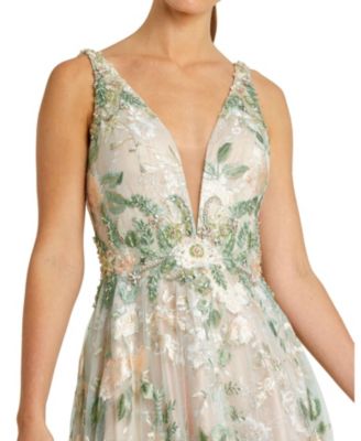 Floral Embroidered Illusion V-Neck Gown