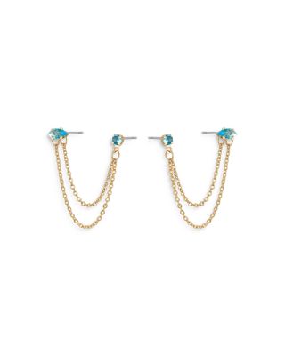 Blue Crystal & Looped Chains Double Piercing Drop Earrings in 18K Gold Plated