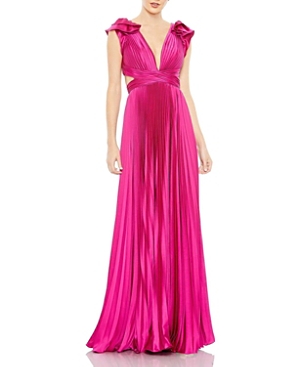 Shop Mac Duggal Pleated Ruffled Cap Sleeve Cut Out Lace Up Gown In Fuchsia