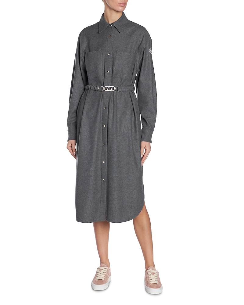 Moncler Belted Wool-blend Midi Shirt Dress In Intense Gray Melange