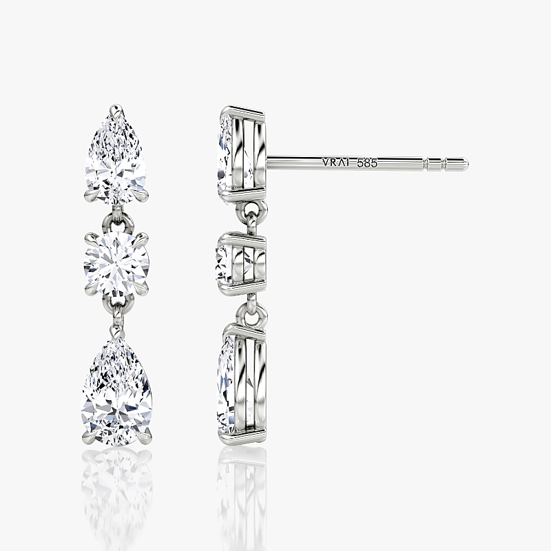 Vrai Three Stone Drop Earrings In 14k White Gold, 2.0ctw Round Brilliant & Pear Lab Grown Diamonds In K Yellow Gold