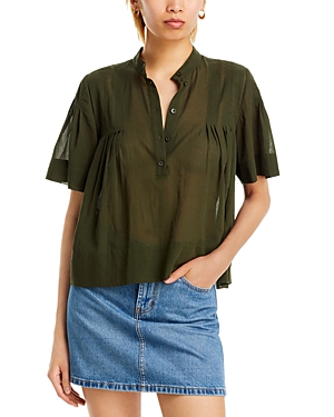 Frame Pleated Flutter Sleeve Top In Green