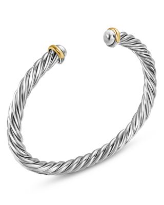 Men&#39;s Cable Cuff Bracelet in Sterling Silver with 14K Yellow Gold, 6mm