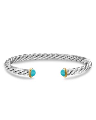 Men's Cable Cuff Bracelet in Sterling Silver with 14K Yellow Gold and Lapis, 6mm