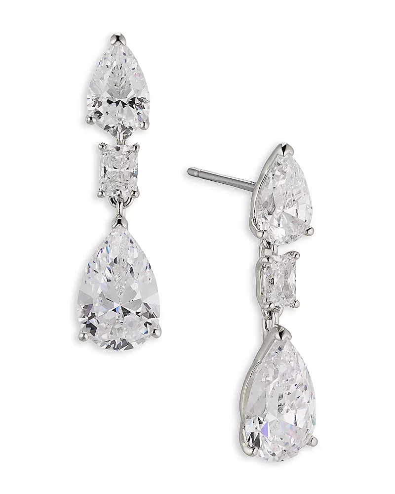 Nadri Halle Cubic Zirconia Triple Drop Earrings in Rhodium Plated