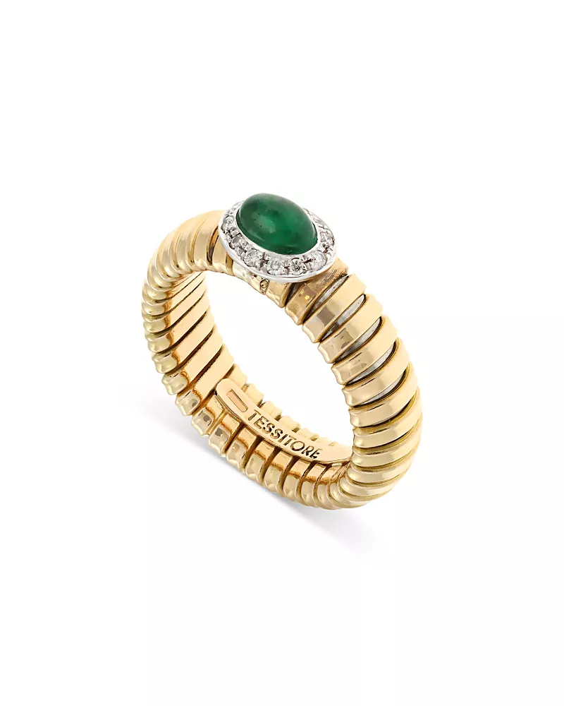 Alberto Milani 18K Yellow Gold Via Giardino Tubogas Domed Emerald Cabochon & Diamond Ring